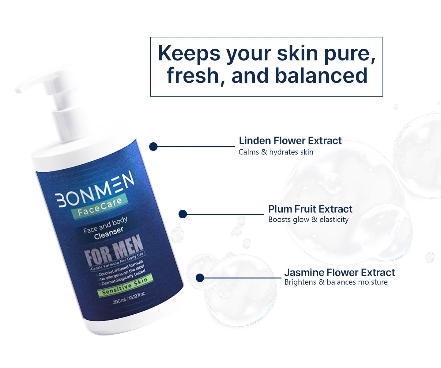 Sensitive Skin Face & Body Cleanser for Men - SLS - Free Daily Wash — 390ml - Bonmen