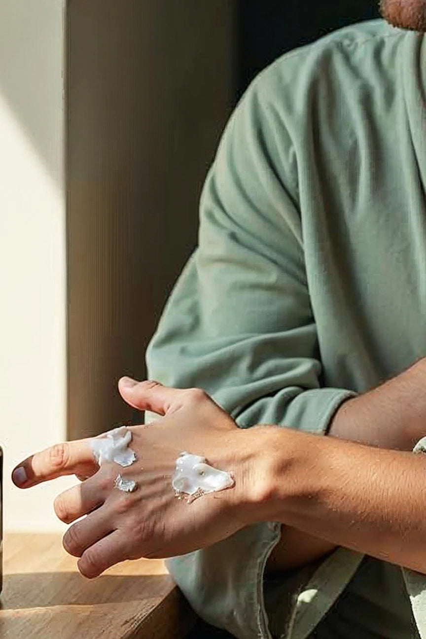 Man applying BONMEN natural
 body cream for sensitive skin daily
 care