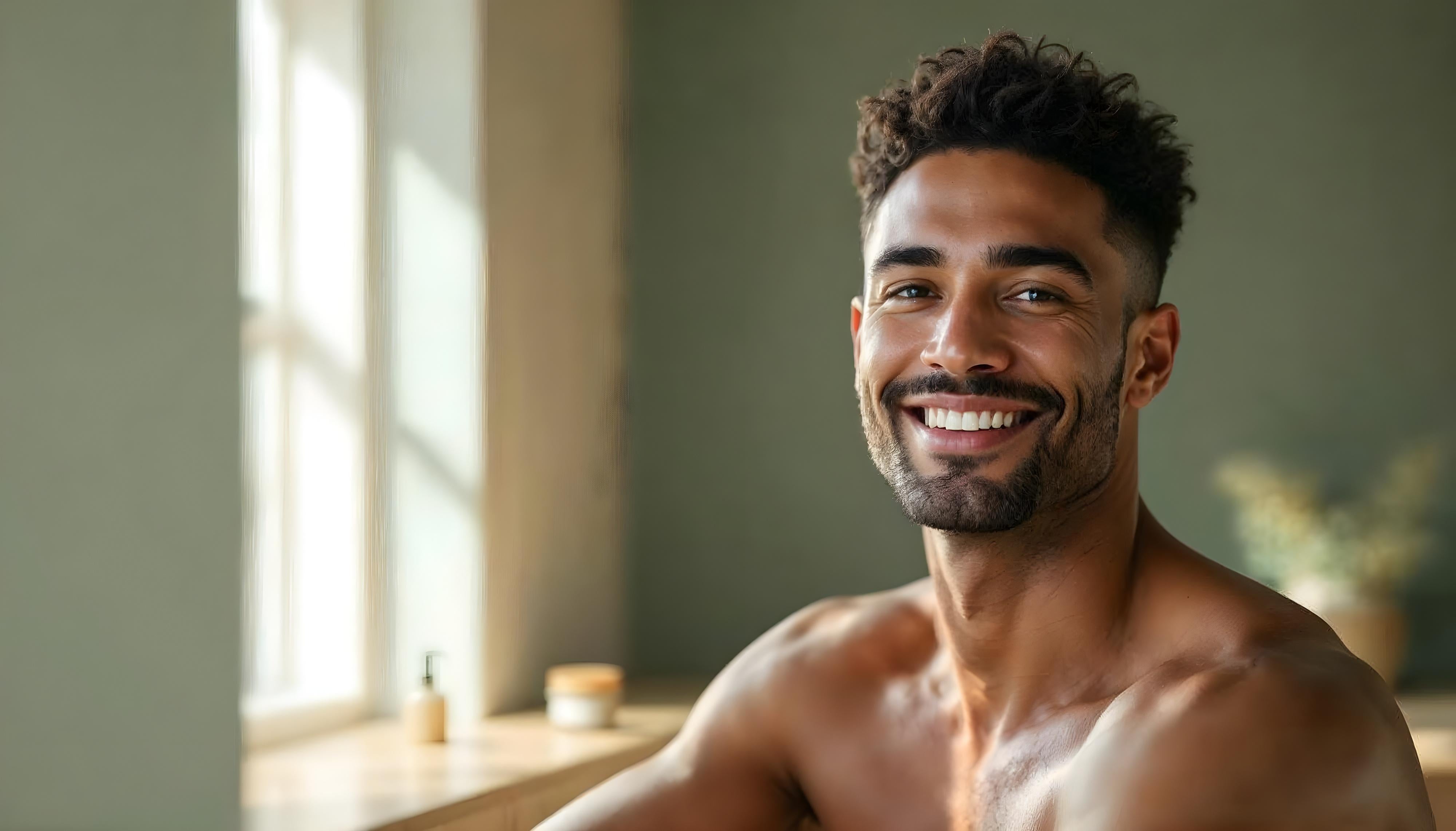 Man applying BONMEN natural body cream for sensitive skin daily care routine