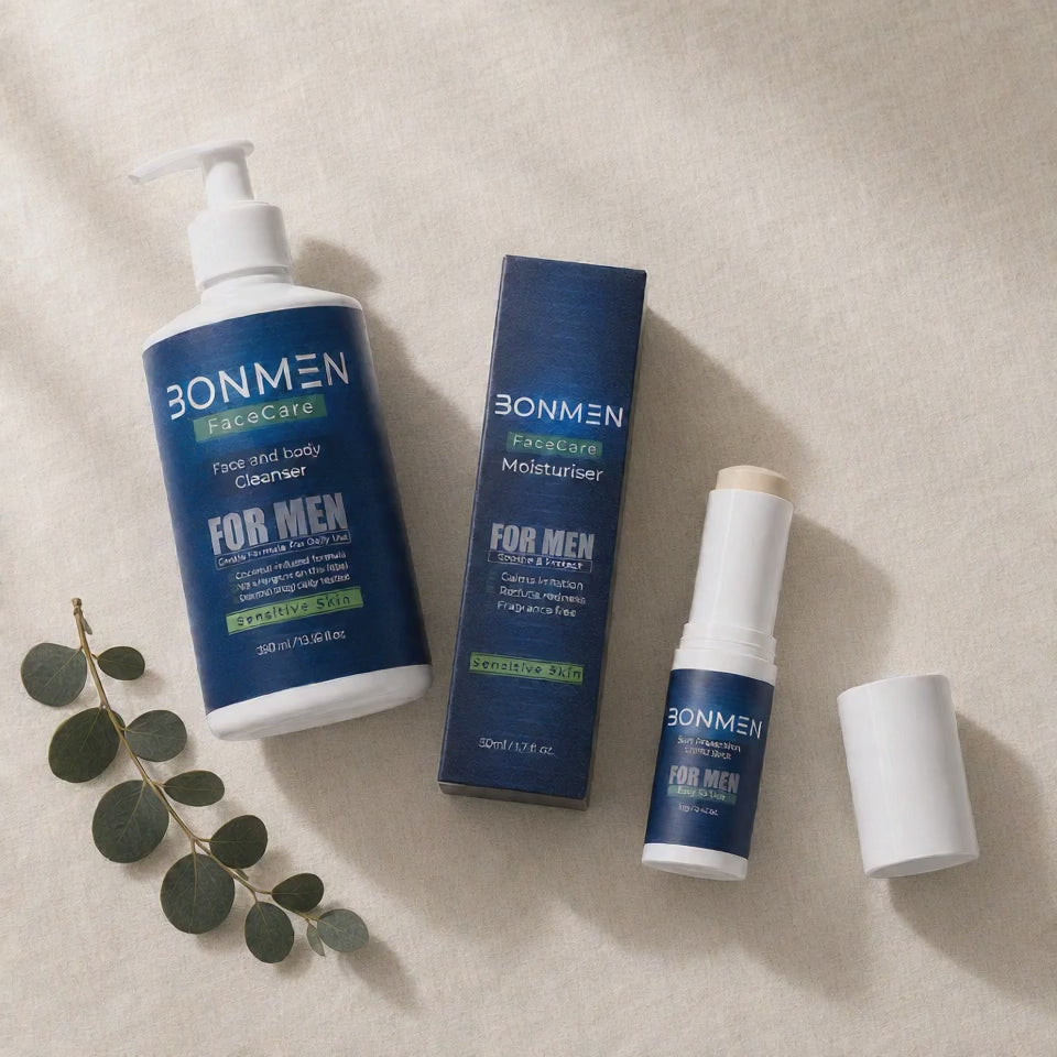 BONMEN Essentials Starter Bundle product video — slow cinematic reveal of three skincare products on cream linen surface