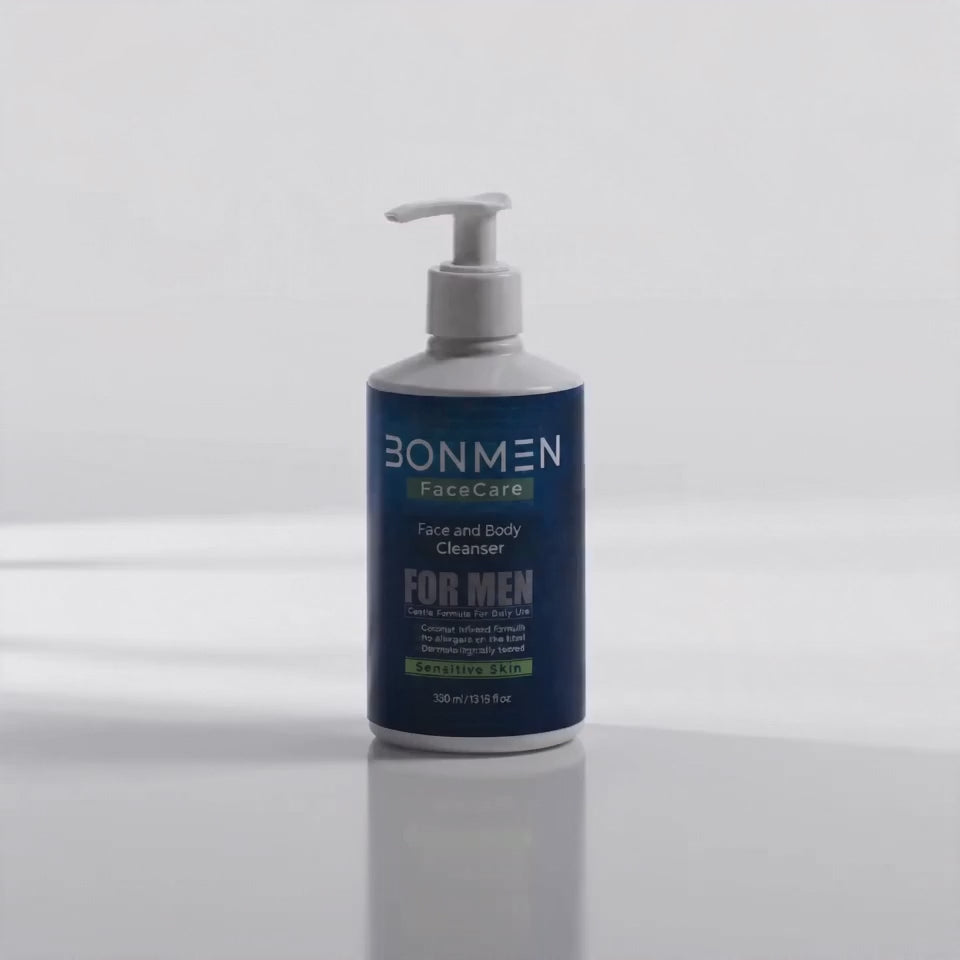 BONMEN Sensitive Skin Face and Body Cleanser product video — slow cinematic push-in on white pump bottle on clean surface