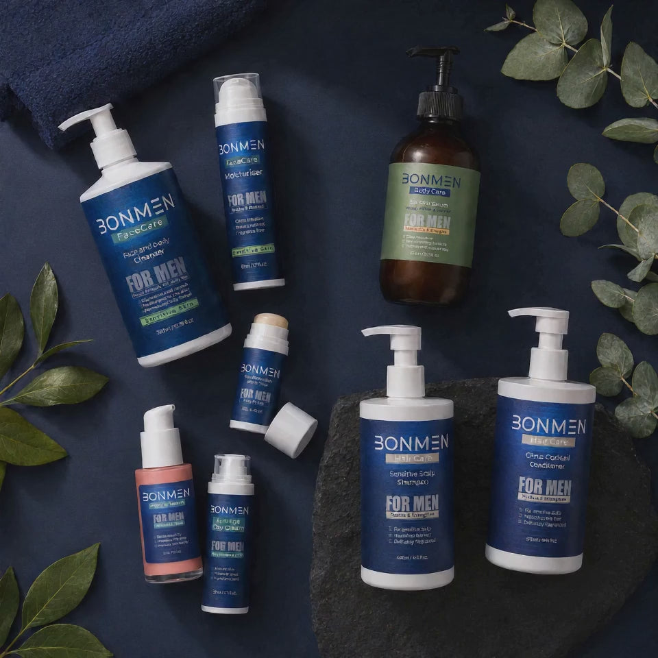 BONMEN Premium Routine Bundle product video — slow cinematic reveal of eight skincare products on deep navy surface