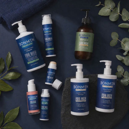 BONMEN Premium Routine Bundle product video — slow cinematic reveal of eight skincare products on deep navy surface