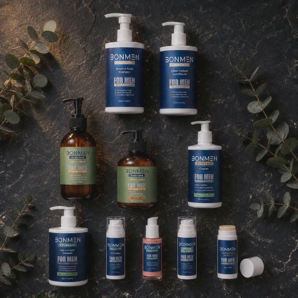 BONMEN Ultimate Collection Bundle product video — slow cinematic reveal of nine skincare products on dark slate surface