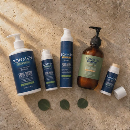 BONMEN Complete Care Bundle product video — slow cinematic reveal of five skincare products on warm travertine surface