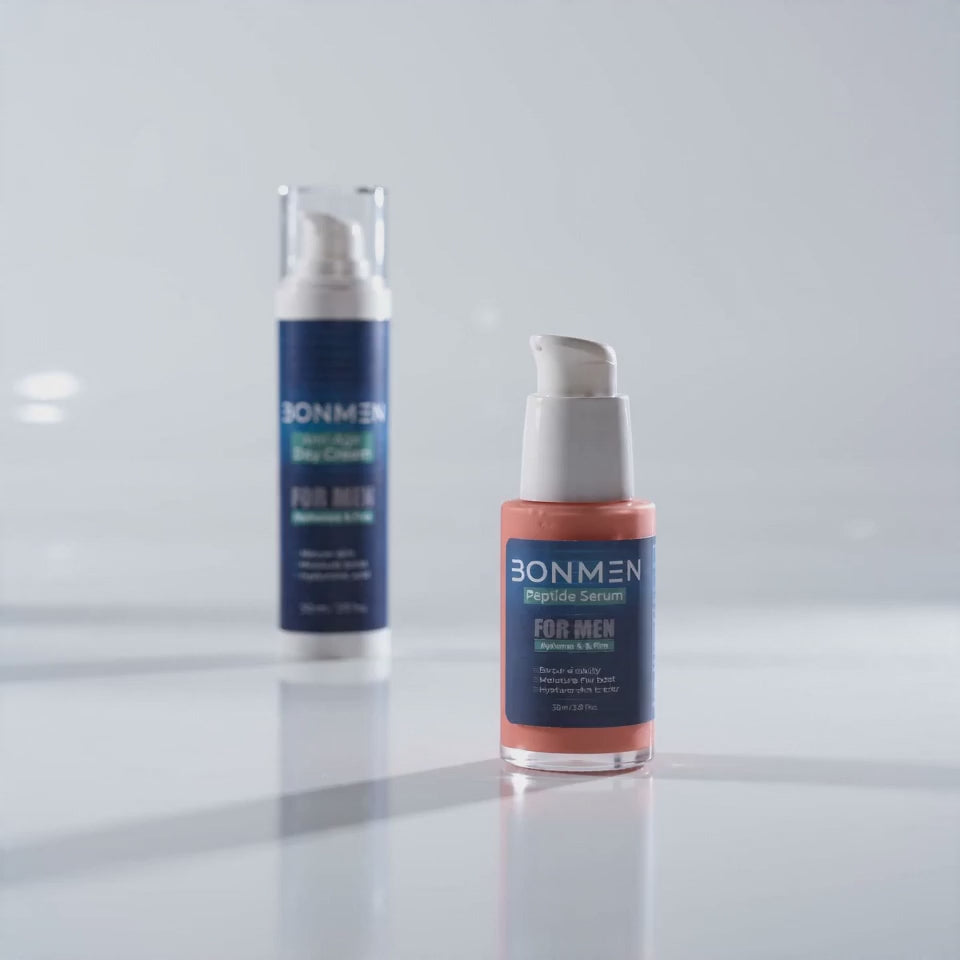BONMEN Anti-Ageing Performance Duo product video — slow push-in toward peptide serum with day cream softening behind
