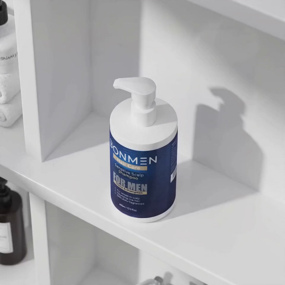 BONMEN Sensitive Scalp Shampoo product video — slow camera drift from elevated angle to product height on white surface