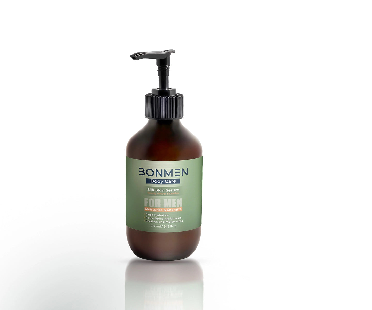 BONMEN Silk Skin Body Serum product video — cinematic amber glass reveal with warm side light on navy surface