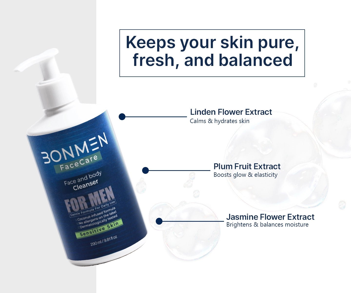 Sensitive Skin Face & Body Cleanser - Gentle Daily Cleansing - Bonmen