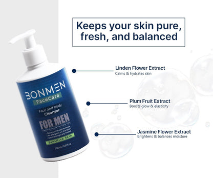 Sensitive Skin Face & Body Cleanser - Gentle Daily Cleansing - Bonmen