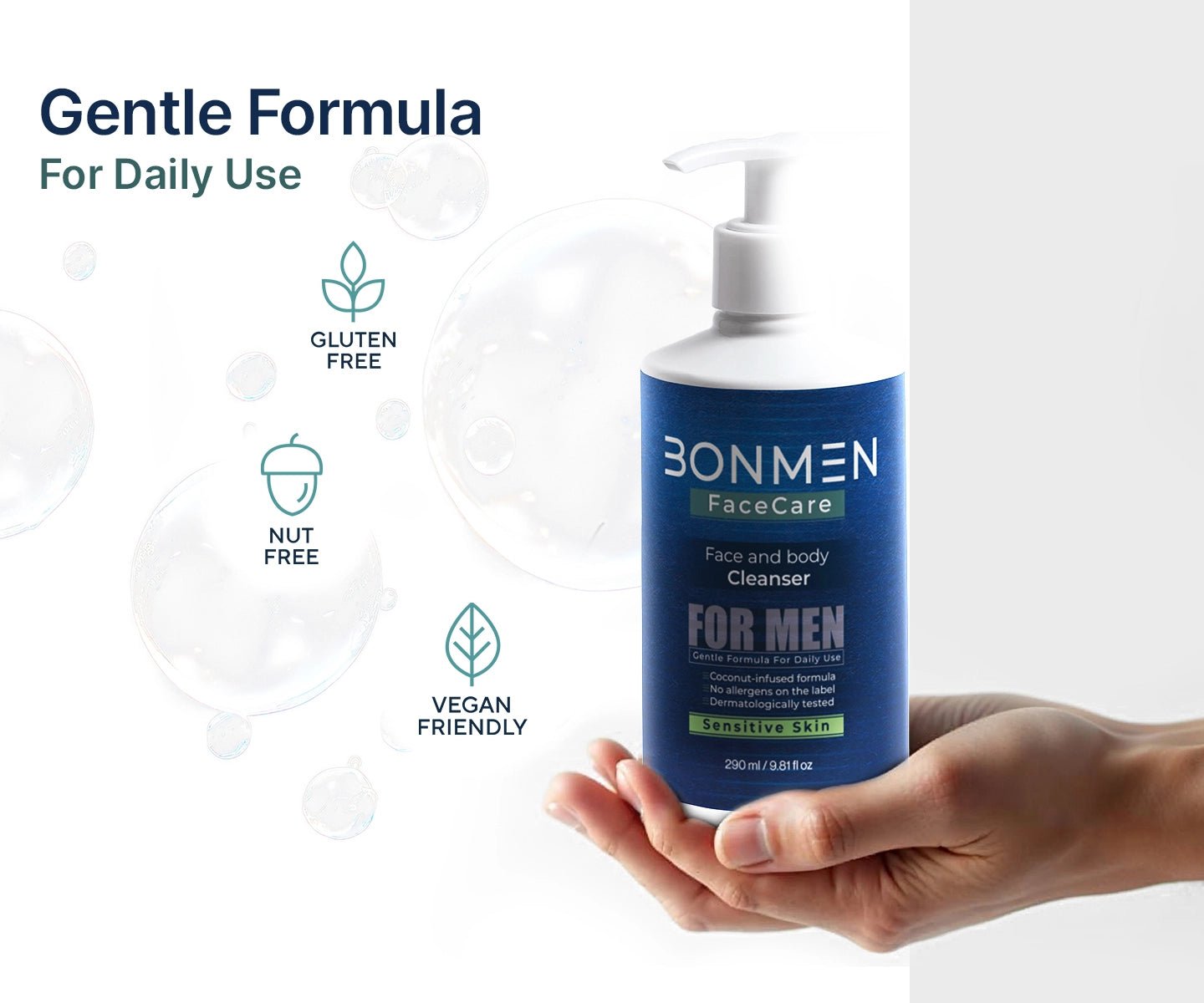 Sensitive Skin Face & Body Cleanser - Gentle Daily Cleansing - Bonmen