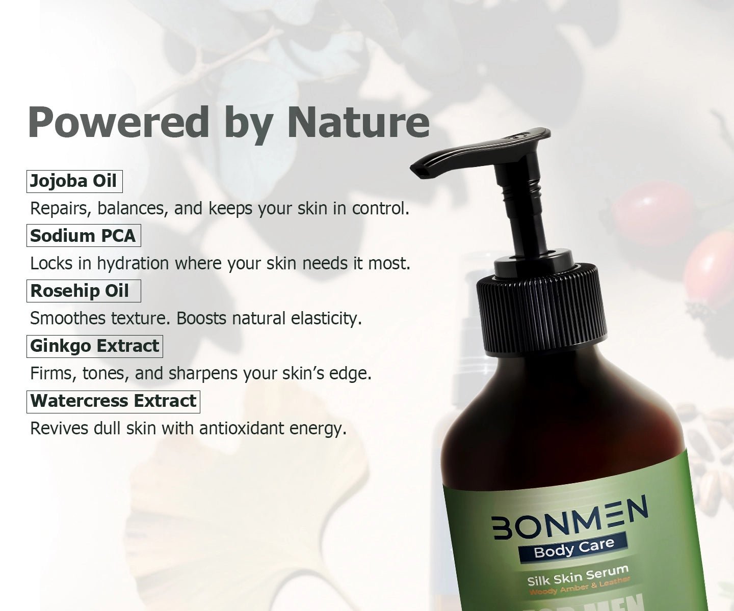 Silk Skin Body Serum - Luxury Hydration with Woody Amber Scent - Bonmen